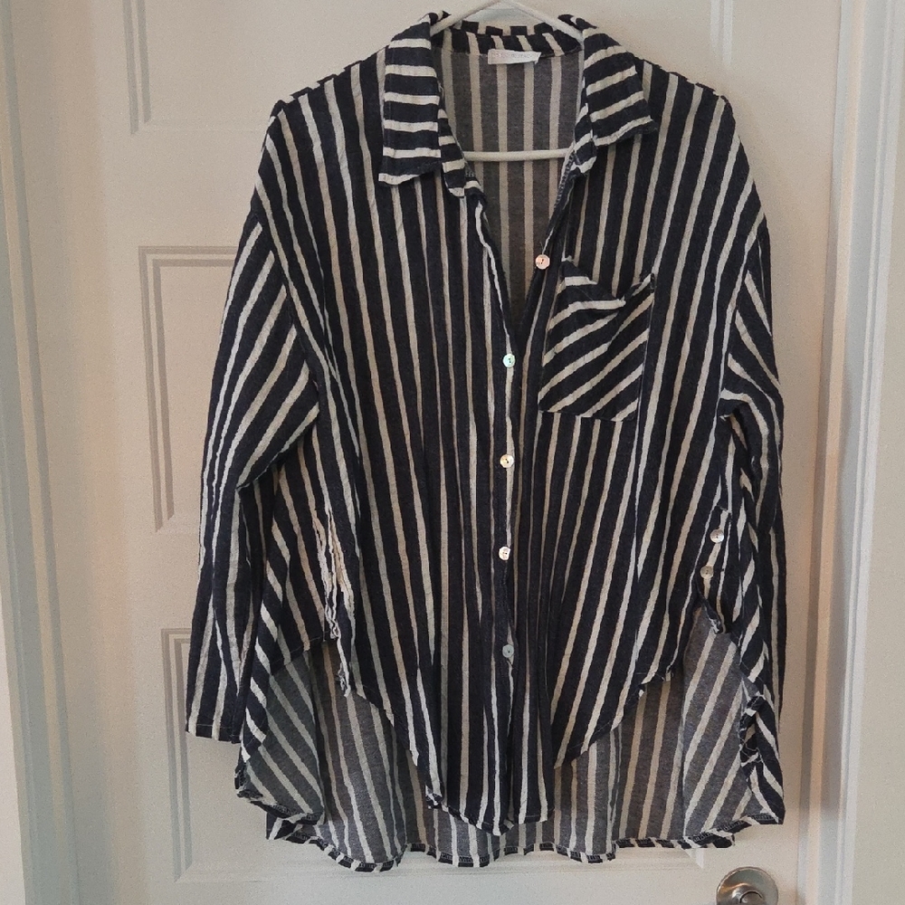 Linen Navy and White Striped Button-Up Shirt